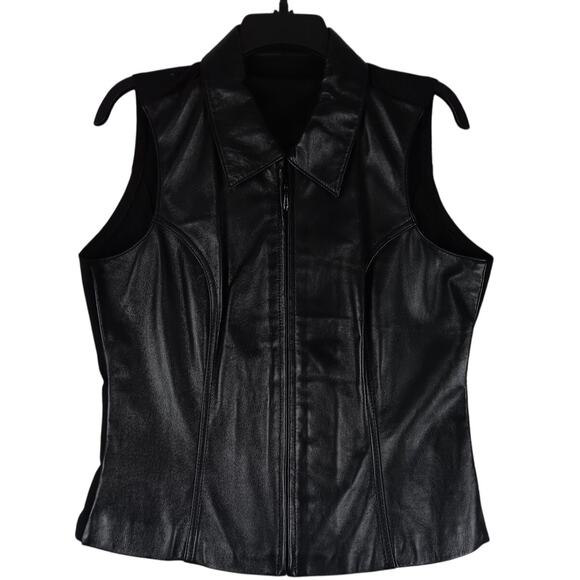 Wilsons Vintage Maxima Leather Vest Womens Large Black Zip Moto Stretch Back - Picture 2 of 12
